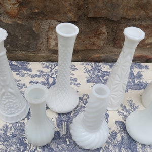 White Milk Glass Vases Vintage Wedding Decor Instant Collection of 7 Flower Bud Vases image 3