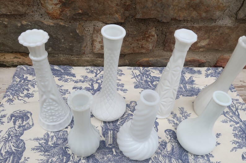 White Milk Glass Vases Vintage Wedding Decor Instant Collection of 7 Flower Bud Vases image 3