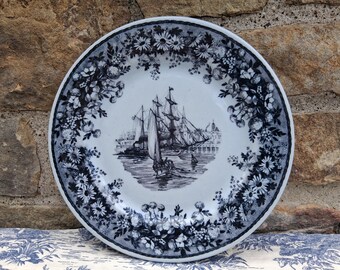 Clipper Ship Plate by Lamberton Scammell China Sailing Black Transferware Platinum Blue Ironstone Plate Pottery Hudson River