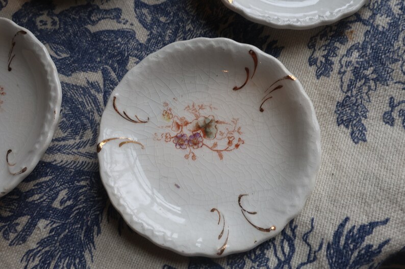 Set of Four White Ironstone Butter Pats with Faded Floral Transferware Pottery image 3