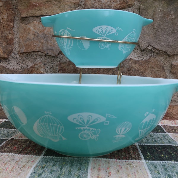 Vintage Pyrex Balloons Promotional 1958 Chip & Dip Set with Bracket 441 and 444 Hot Air Balloons