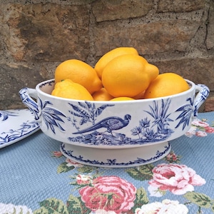 White Ironstone and Blue Transferware Tureen Ridgway Indus Bird Pattern Footed Centerpiece