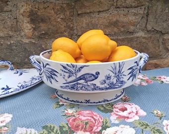 White Ironstone and Blue Transferware Tureen Ridgway Indus Bird Pattern Footed Centerpiece