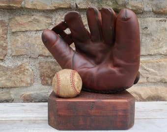 Leather Baseball Glove with Vintage Ball on Reclaimed Wood Display Stand Hand Formed Pad Elmer Riddle Sports Memorabilia
