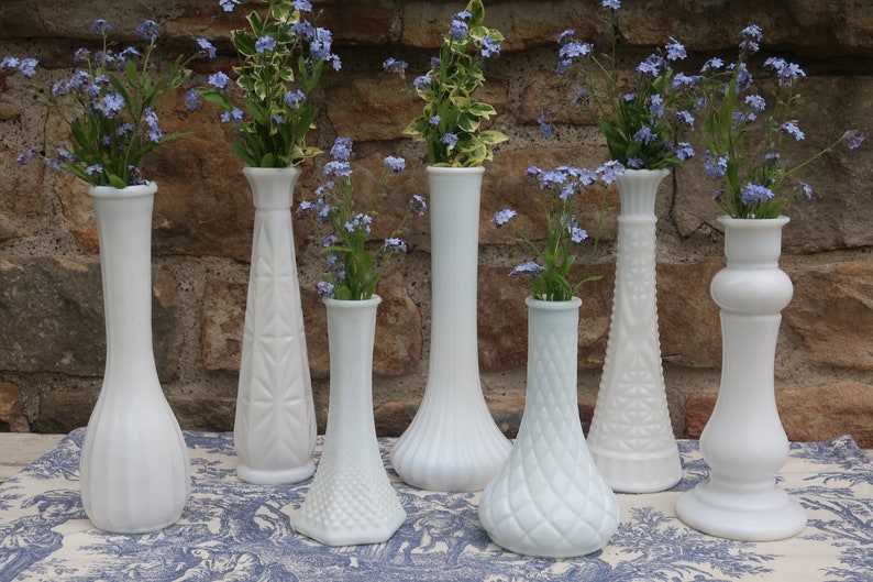 White Milk Glass Vases Vintage Wedding Decor Instant Collection of 7 Flower Bud Vases image 1