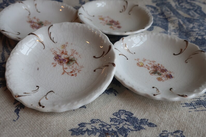 Set of Four White Ironstone Butter Pats with Faded Floral Transferware Pottery image 5