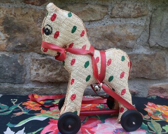 Vintage Vinyl Horse Pull Toy, Red and Green, Spotted Pony with Bells and Strap, Christmas Misfit Toy