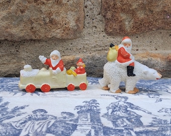 One Antique Bisque Figurine Christmas Putz Miniature: Santa on Train or Santa Riding Polar Bear Germany Snow Baby