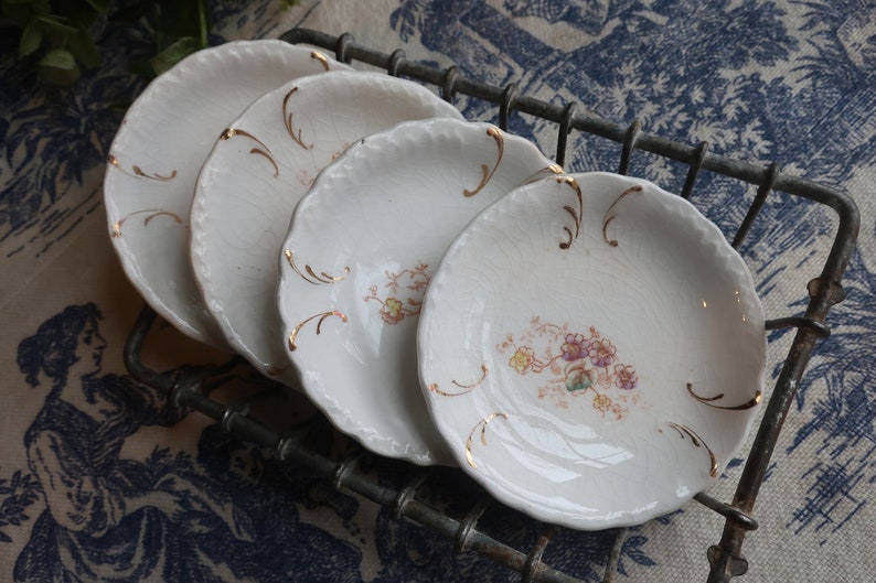 Set of Four White Ironstone Butter Pats with Faded Floral Transferware Pottery image 9