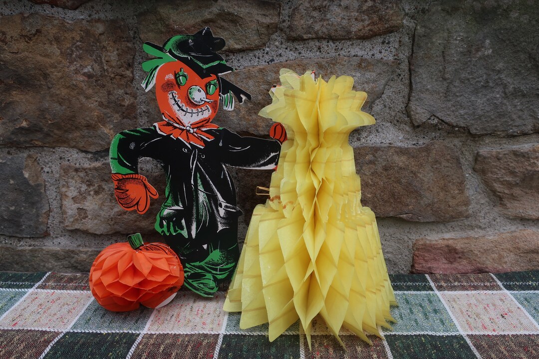 Vintage Scarecrow Die Cut With Honeycomb Haystack and Pumpkin Original ...