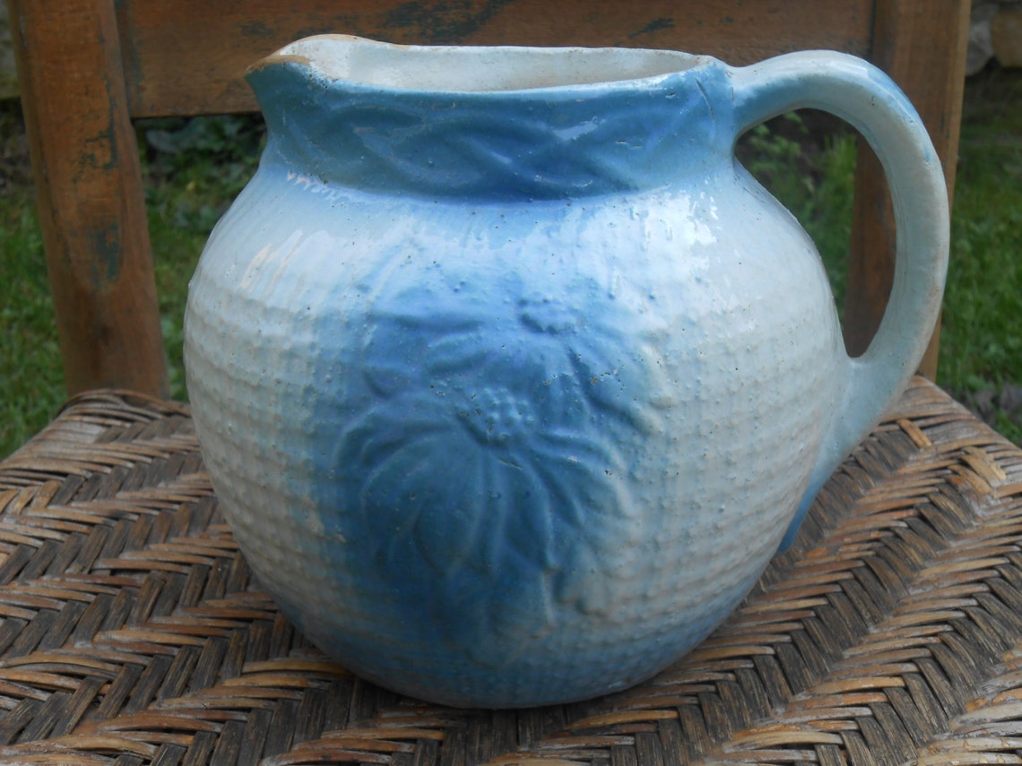 Antique Blue and White Stoneware Pitcher Jug with Floral Etsy