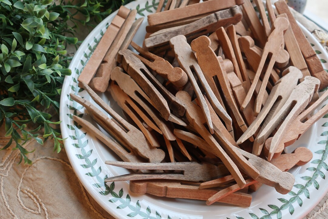Vintage Set of 15 Wood Peg Clothespins, Rustic Laundry Room Decor, Repurposing, Craft Supplies