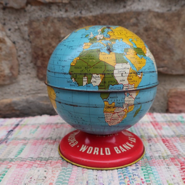 Ohio Art Tin Litho World Globe Bank Ohio Art "As You Save, So You Prosper" Metal Base