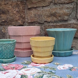 One Vintage McCoy Pottery Planter with Attached Saucer Teal Hobnail, Yellow, Pink