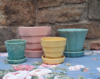 One Vintage McCoy Pottery Planter with Attached Saucer Teal Hobnail, Yellow, Pink