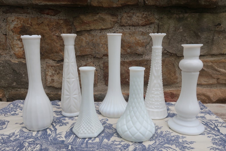 White Milk Glass Vases Vintage Wedding Decor Instant Collection of 7 Flower Bud Vases image 2