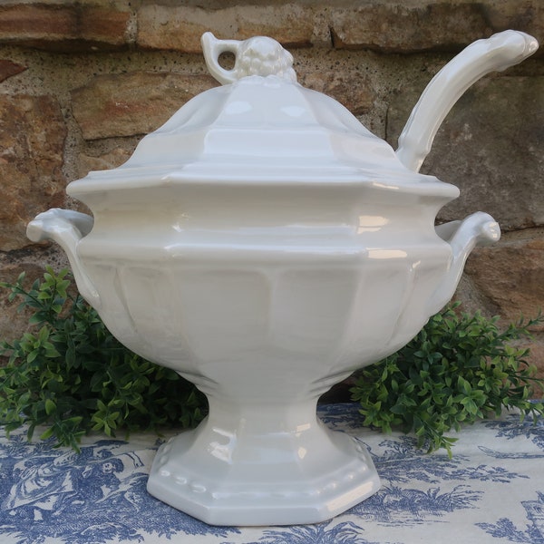 Large White Ironstone Pedestal Soup Tureen with Lid and Ladle: Red Cliff Ironstone Grape Octagonal Serving Piece
