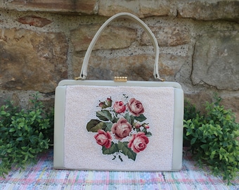 Vintage Purse Beaded Petit Point Embroidery Handbag Shabby Pink Roses Made in Germany