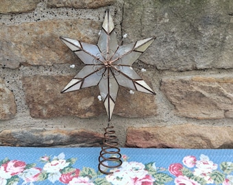 Capiz Shell Star Tree Topper with Wire Scrolls and Pearls Neutral Christmas Decor