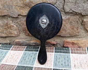 Antique Dark Wood Hand Mirror with Sterling Silver Decoration and Beveled Glass