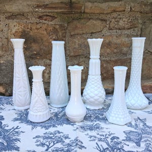 White Milk Glass Vases Vintage Wedding Decor Instant Collection of 7 Flower Bud Vases