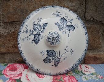 Old Ironstone Lid with Blue Gray Transferware Design, for Jardiniere, Slop Jar, or Chamber Pot
