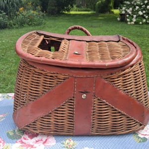 Rustic Wicker Fishing Creel Basket with Leather Trim