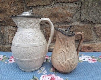One Antique Syrup Pitcher with Metal Lid Parian Vase Stained Off White with Wheat or Larger Faux Bois White Ale Pitcher