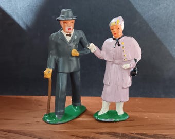 Pair of Barclay Metal Figurines 619 Old Man in Suit with Cane and 618 Elderly Woman