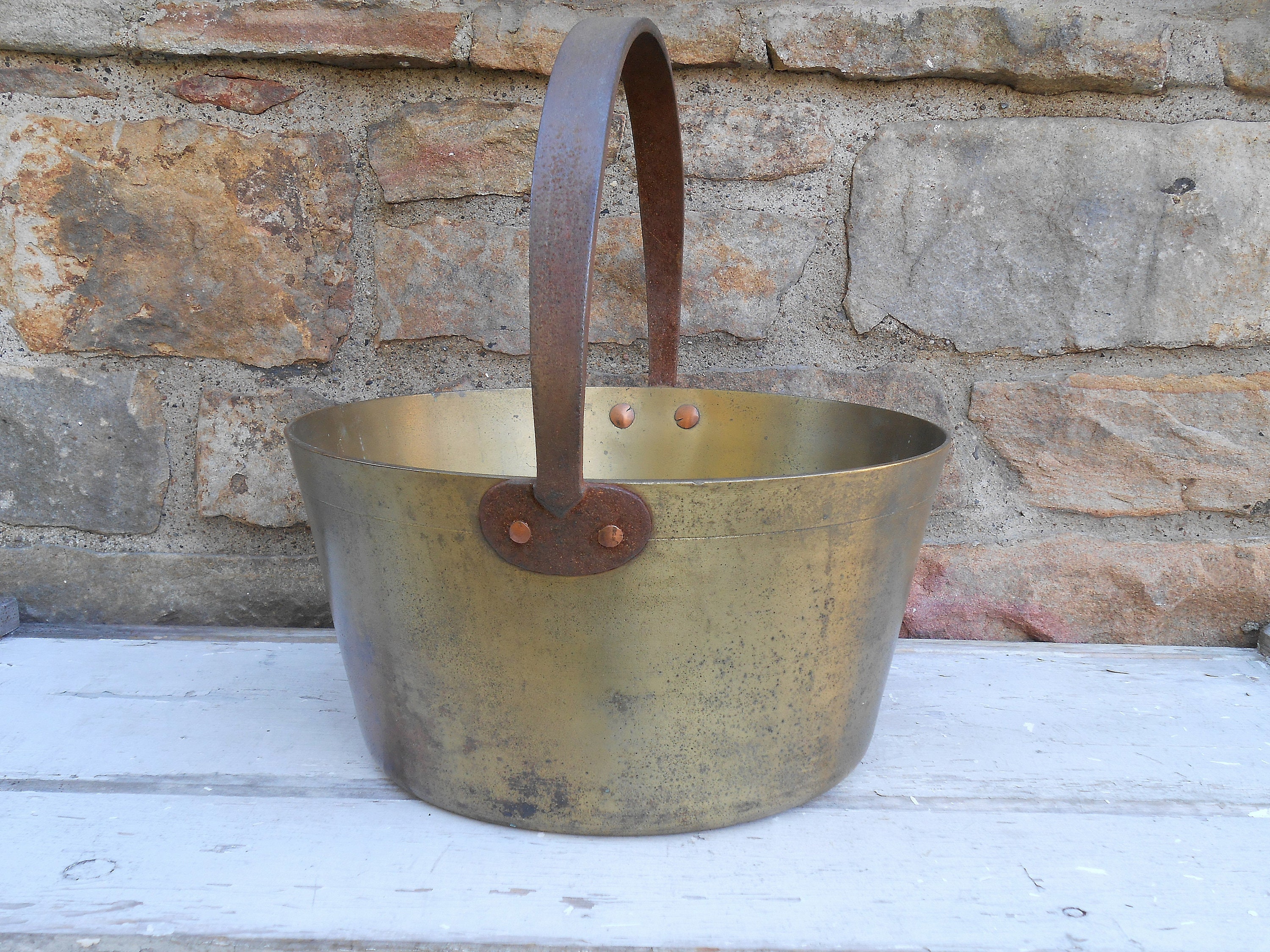 Antique Brass Bucket Pail Rustic Large Jelly Kettle Old Etsy
