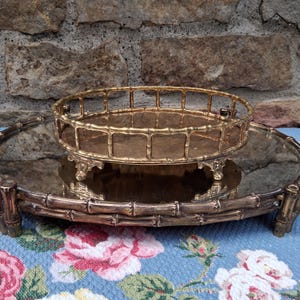 One Vintage Mid Century Brass Mirrored Tray Vanity Dresser Oval Tray