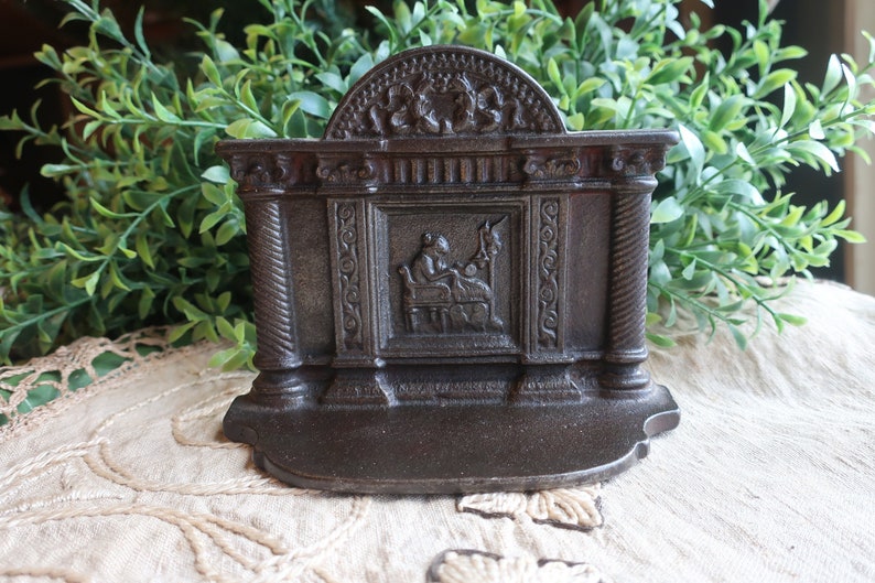 Antique Cast Iron Bookend, Woman Sewing or Weaving, Bradley and Hubbard, Library Decor, Dark Academia image 1