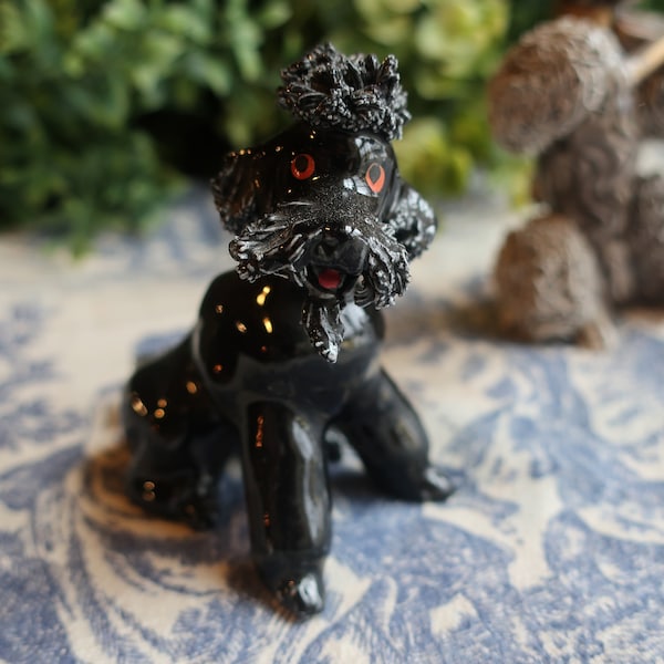 One Vintage Spaghetti Poodle Dog Figurine: Gray Poodle with Rhinestone Eyes and Violin or Black Poodle