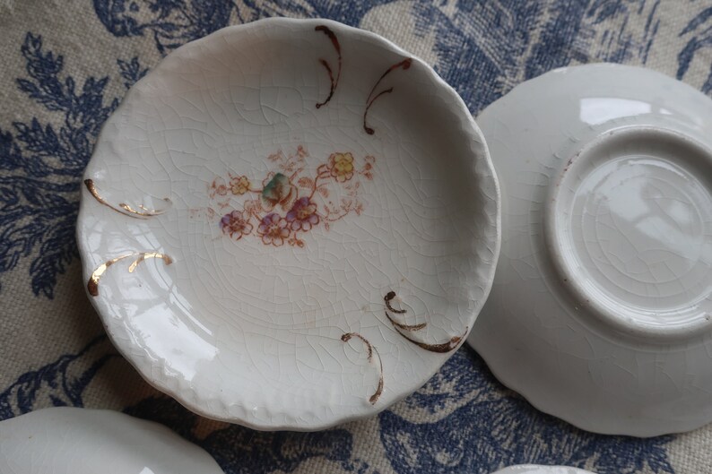 Set of Four White Ironstone Butter Pats with Faded Floral Transferware Pottery image 8