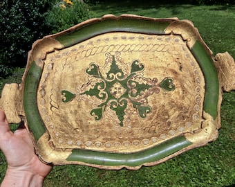 Italian Florentine Tray Painted Gilt Gold and Green Made in Italy