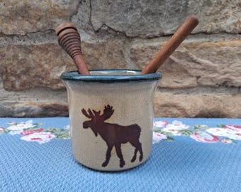 Monroe Salt Works Pottery Candle Crock Jar with Moose Design Salt Glazed Pottery Made in Maine