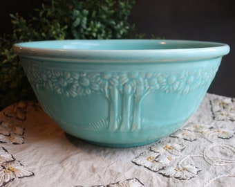 Aqua Homer Laughlin Orange Tree Mixing Bowl Apple Tree Nesting Vintage Pastel Pottery Large Size