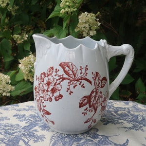One White Ironstone Brown Transferware Pitcher Vase