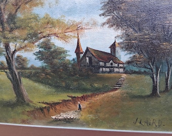 Antique Painting Folk Art Landscape with Sheep and Shepherd Oil on Board