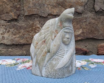 Navajo Carved Stone Figure with Eagle Sculpture Native American Artist Signed R. Pettigrew Soapstone
