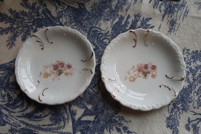 Set of Four White Ironstone Butter Pats with Faded Floral Transferware Pottery image 2