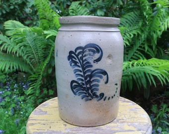 Antique Blue and Gray Crock with Freehand Drawn Cobalt Blue Fern or Feather Salt Glaze Stoneware Pottery