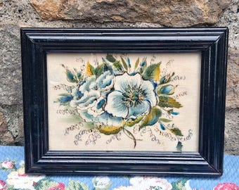 Antique Floral Theorem Painting on Velvet  Still Life Painted Black Frame