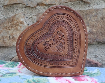 Vintage Tooled Leather Heart Box, Gift Box with Lid, Souvenir of Paraguay, Trinket Holder