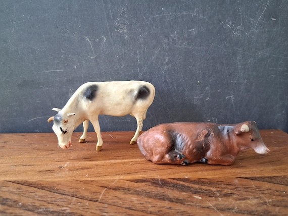 Pair of Miniature Cows Composition Figurines Made in Germany Putz Farm Animals