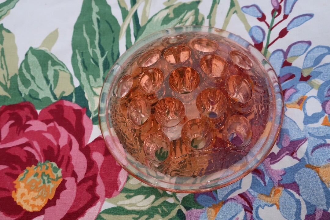 Vintage Pink Glass Flower Frog, Textured Round 16 Hole Florist Tool