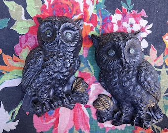 Pair of Vintage Black Chalkware Owl Wall Plaques with Green Sequin Eyes Retro Halloween Decor
