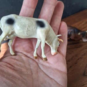 May include: A small, off-white cow figurine with two prominent black spots on its back. The miniature animal features light brown hooves, small horns, and a pinkish snout, depicted in a grazing position with its head lowered toward the ground.
