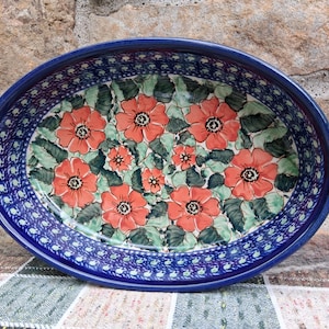 Polish Pottery Baker Bowl with Red Flowers Hand Made in Poland Unikat Maczka Baking Dish