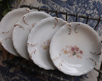 Set of Four White Ironstone Butter Pats with Faded Floral Transferware Pottery